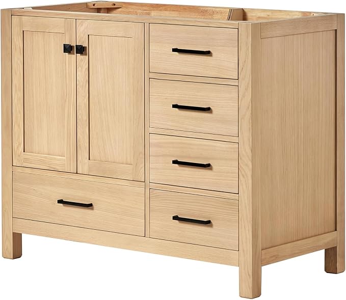 ARIEL Cambridge 42-inch Bathroom Vanity Base Cabinet,Solid Wood, 2 Soft Closing Doors, 5 Dovetail Drawers, White Oak