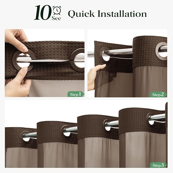 Brown Hook Free Waffle Shower Curtain & Snap-in Fabric Liner,72x87 | Less Time to install, 3 in 1 Fabric Shower Curtain and Liner Set with Magnets, Extra Long, Shower Curtains for Bathroom