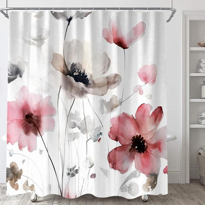 Sanzugh Boho Floral Shower Curtain, Cream Tan Beige Red Grey White Flower Farmhouse Fabric Shower Curtains Set for Bathroom Decorative with Hooks 72 X 72 inch Spring Bath Decor