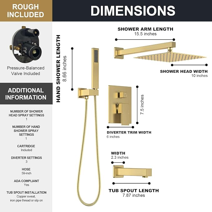Lava Odoro Modern 3-Setting Square Shower and Tub Faucet Set with Shower Head and Handheld Sprayer Gold, Rainfall Shower System with Tub Spout, Shower Valve Trim Kit, Brushed Gold, SF103-SG-T