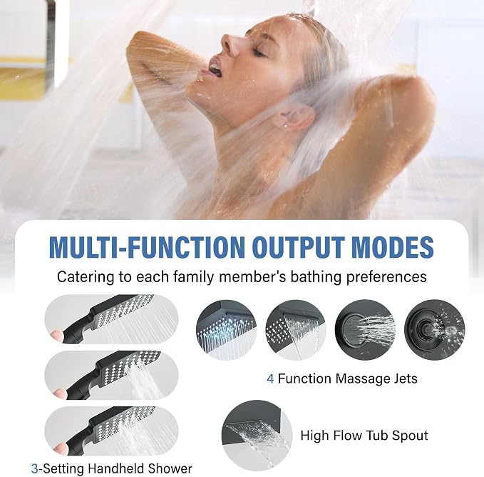 FUZ Shower Panel Tower System, Stainless Steel 6 IN 1 Shower Panel System with LED Fancy Rain Shower Head and Handheld, Adujstable Rainfall Massage Body Jets and Tub Spout, Matte Black Shower Tower