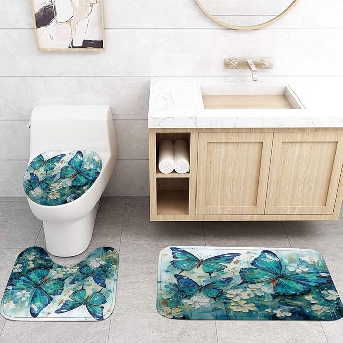 Chrainy 4pcs Green Butterfly Shower Cutain Set Bathroom Decor with Rugs | Floral Bath Accessories with Waterproof Curtain, Bath Mat, Toilet Lid Cover, U-Shaped Rug and 12 Hooks for Washroom, 71*71in