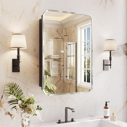 Medicine Cabinet Mirror 16x24 Inch, Brushed Nickel Bathroom Mirror Cabinet with Stepless Adjustable Shelves, Stainless Steel Frame, Bathroom Mirror with Storage Recessed or Wall Mount