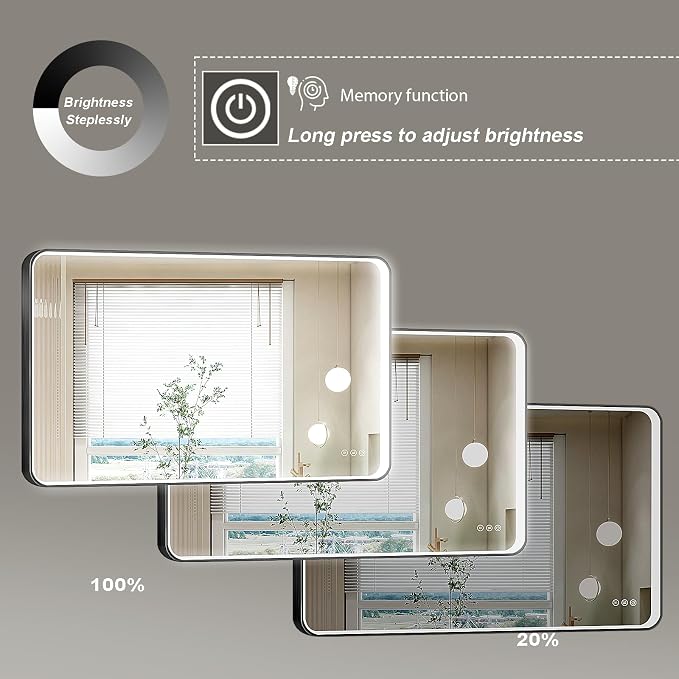 LED Mirror for Bathroom 60X36 Inch Black Framed with Anti-Fog, Stepless Dimmable, Front Lit, LED Bathroom Vanity Mirror for Wall, Memory Function, Shatter-Proof