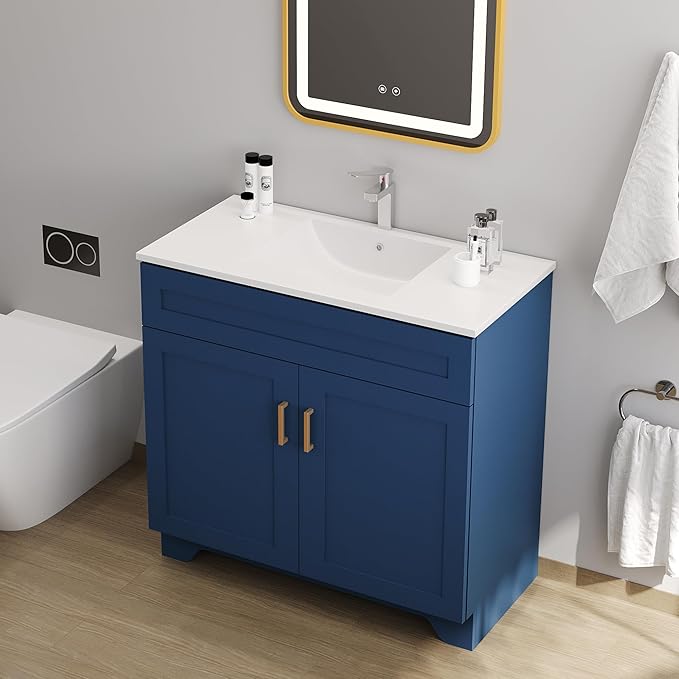Bathroom 36" Vanity with Ceramic Sink, Wooden Double Door Bathroom Storage Cabinet, Freestanding Cabinet Vanity with Sink (Paint, Blue,36")