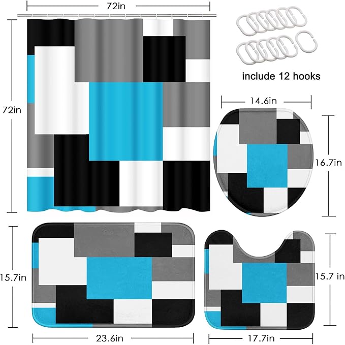 Bathroom Sets with Shower Curtain and Rugs, 4 Pcs, Blue Geometric | Checkered Modern Abstract Bathroom Decor Set with Toilet Lid Cover, Non-Slip Bath Mats and Accessories 12 Hooks