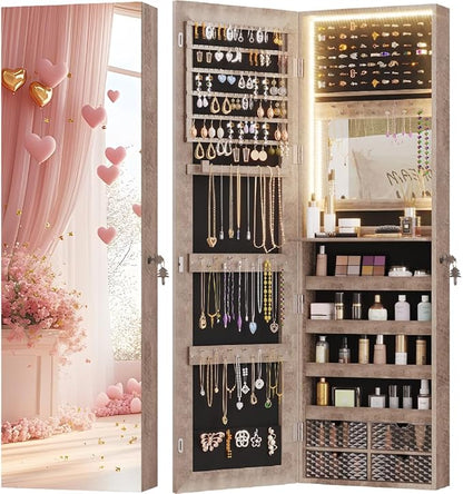 Vlsrka 47.2" LED Jewelry Cabinet, Wall Mounted Jewelry Mirror Organizer | Over The Door Hanging Jewelry Armoire Organizer, Lockable Mirror with Jewelry Storage, 4 Drawers, 5 Shelves for Women (Wood)