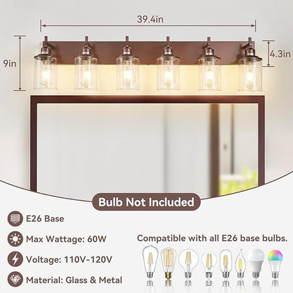 6-Light Bronze Bathroom Light Fixtures Over Mirror,Modern Bathroom Vanity Light with Clear Glass Shade, Wall Sconce for Bathroom Hallway Cabinet Bedroom Kitchen Living Room Foyer E26 Base