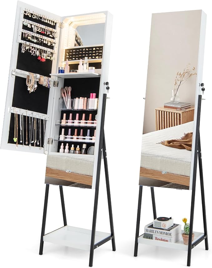 GOFLAME Standing Jewelry Cabinet Armoire, 65" Lockable Jewelry Storage Organizer with Full-Length Mirror, Inner Makeup Mirror with 3-Color LED Lights, Foldable Makeup Shelf, Bottom Shelf, White