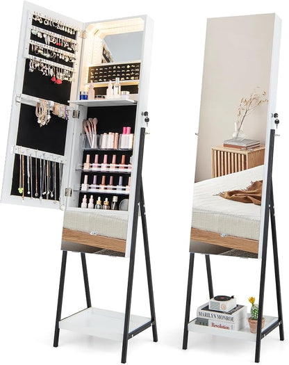 GOFLAME Standing Jewelry Cabinet Armoire, 65" Lockable Jewelry Storage Organizer with Full-Length Mirror, Inner Makeup Mirror with 3-Color LED Lights, Foldable Makeup Shelf, Bottom Shelf, White