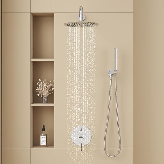 BESy Shower System with 10 Inch Round Rain Shower Head and Handheld Wall Mounted, High Pressure Rainfall Shower Faucet Fixture Combo Set with 2 in 1 Handheld Showerhead for Bathroom, Chrome