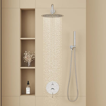BESy Shower System with 10 Inch Round Rain Shower Head and Handheld Wall Mounted, High Pressure Rainfall Shower Faucet Fixture Combo Set with 2 in 1 Handheld Showerhead for Bathroom, Chrome