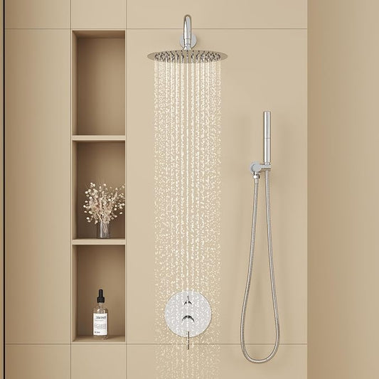 BESy Shower System with 10 Inch Round Rain Shower Head and Handheld Wall Mounted, High Pressure Rainfall Shower Faucet Fixture Combo Set with 2 in 1 Handheld Showerhead for Bathroom, Chrome