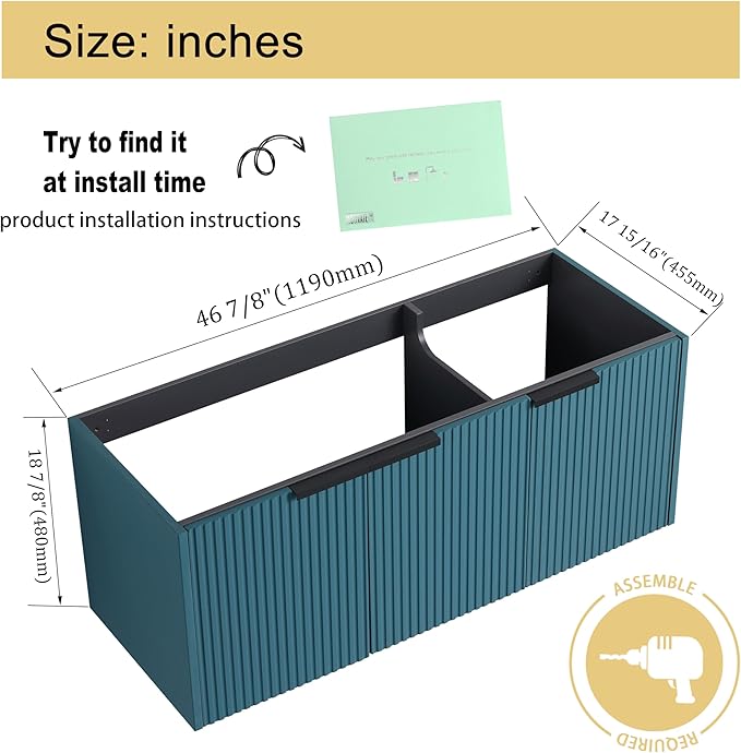 Malwee 48" Floating Bathroom Vanity Without Sink, 48 inch Wall Mounted Bathroom Cabinet, Modern Lake Blue Cabinet with 3 Soft Close Doors, Basin not Include(MA10348DLBE-C)