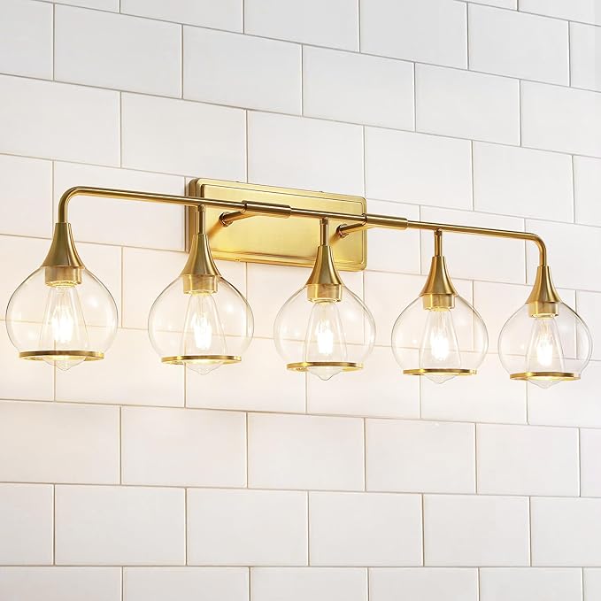 Gold Bathroom Vanity Light 5-Lights Bathroom Light Fixtures Over Mirror with Clear Glass Shade 39.2 inch Wall Sconce Lighting Bath(Exclude E26 Bulb)