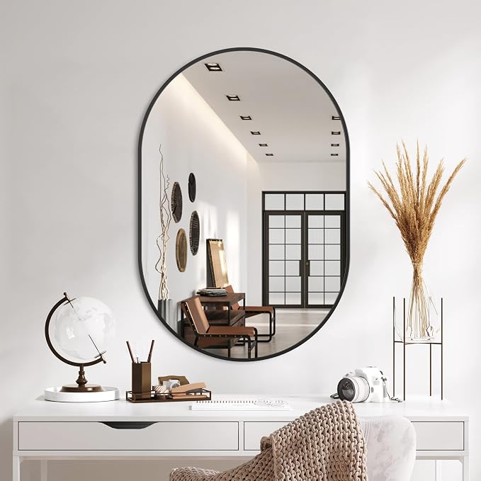 36x24 Black Oval Bathroom Mirror for Over Sink, Aluminum Frame | HD Reflection No Distortion, Aluminum Frame, Mounting Hardware for Vertical or Horizontal Mount