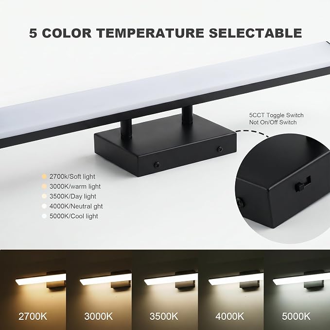 mirrea 24in 5CCT Black LED Vanity Lights for Bathroom Over Mirror | 5 color temperatures,Adjustable light angle,ETL listed,Dimmable,Bathroom lighting fixtures,Eye-friendly,Frosted acrylic shade