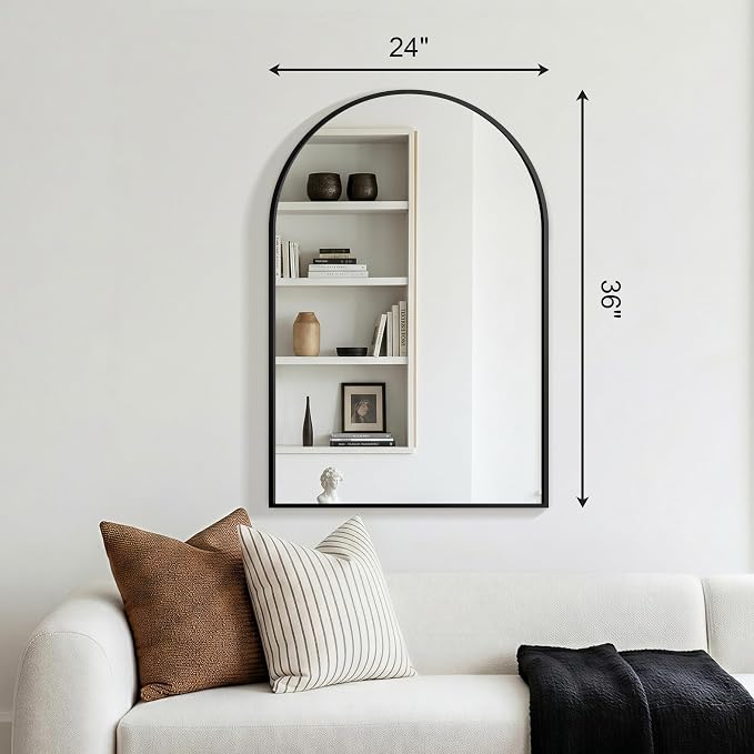 FGU Arched Bathroom Mirror for Over Sink 36"x24" Black Vanity Mirror | Wall Mounted, HD Tempered Shatter-Proof Glass, Rust-proof Arched Metal Frame, Arch Mirror for Bedroom, Living Room, Entryway