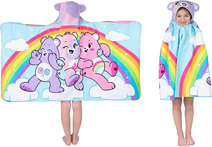 Care Bears Bath/Pool/Beach Soft Cotton Terry Hooded Towel Wrap, 24 in x 50 in, By Franco Kids