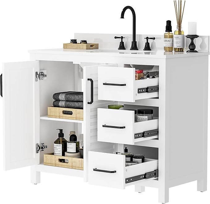 42" White Single Sink Bathroom Vanity with Top and Sink, Freestanding Modern Bath Storage Cabinet with Quartz Countertop, 3 Drawers, Soft Closing Louvered Doors, Pre-Assembled
