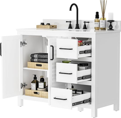 42" White Single Sink Bathroom Vanity with Top and Sink, Freestanding Modern Bath Storage Cabinet with Quartz Countertop, 3 Drawers, Soft Closing Louvered Doors, Pre-Assembled