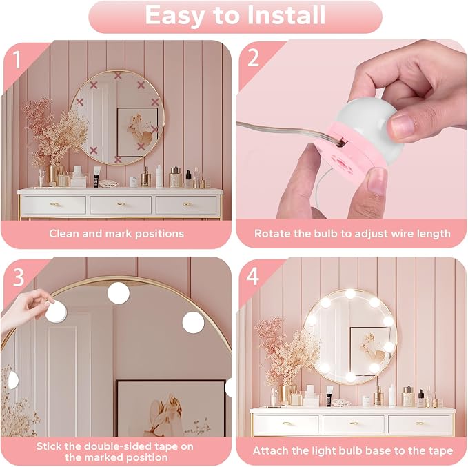 LED Vanity Lights For Mirror, Pink Vanity Light Stick on with 10 Bulbs | 3000K 4000K 6500K & 10 Level Brightness Adjustable USB Cable Hollywood Mirror Lights for Makeup Dressing Room Bathroom