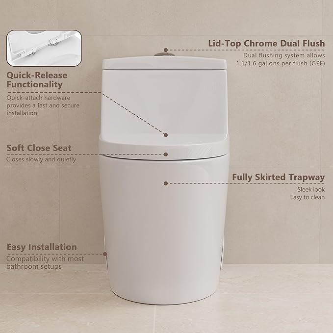 DeerValley Elongated One Piece Toilet with Standard Height Quick Release Seat Dual Flush 1.1/1.6 GPF White 12" Rough In Bathroom Toilet