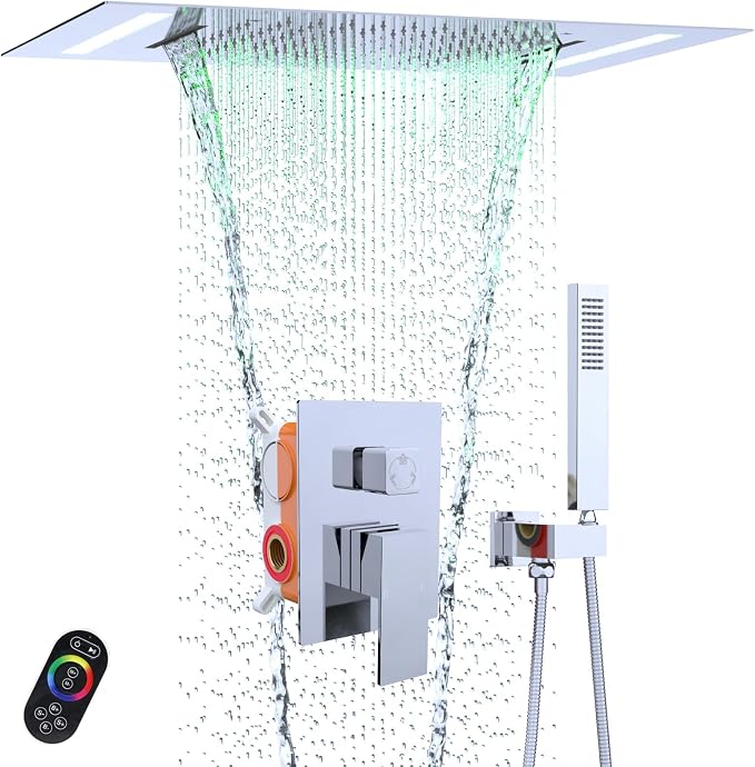 LED Spa Shower System Rainfall Waterfall with Handheld, Chrome | 20x14-Inch Luxury 2 Modes Showerhead with Ligh t Remote Control, 3 Way Mixer Valve