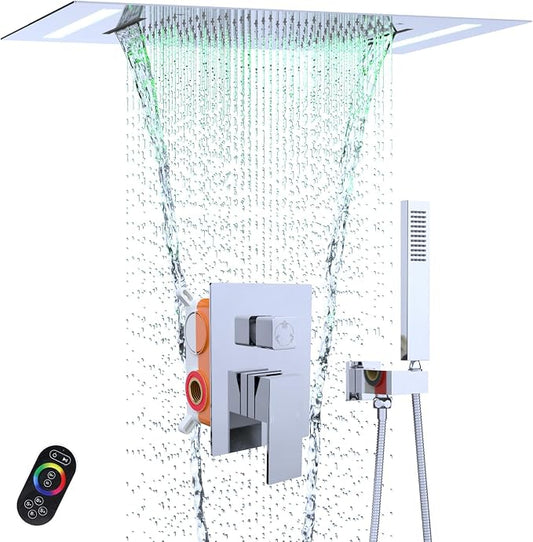 LED Spa Shower System Rainfall Waterfall with Handheld, Chrome | 20x14-Inch Luxury 2 Modes Showerhead with Ligh t Remote Control, 3 Way Mixer Valve