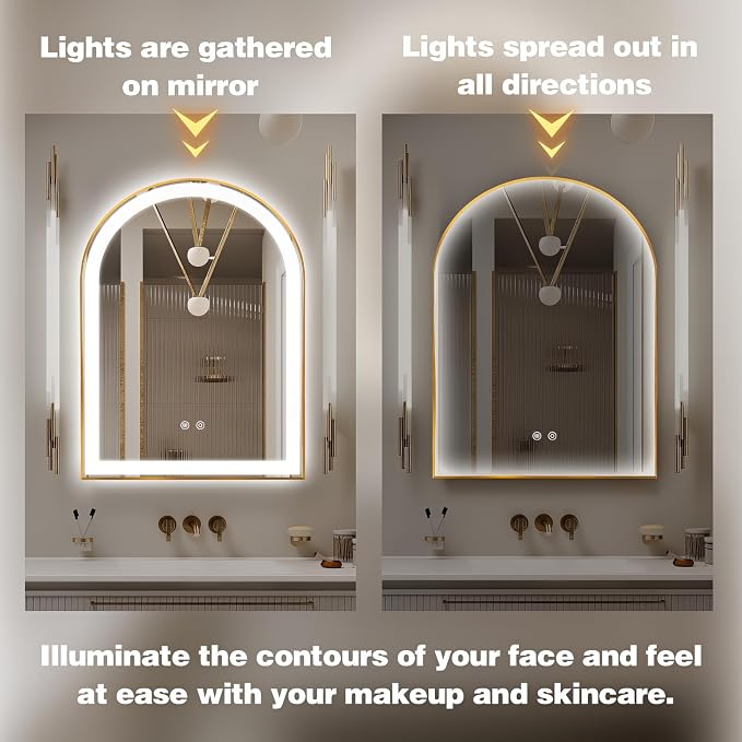 Arched LED Bathroom Mirror, 32"x20" Arch Backlit Vanity Mirror with Lights, Frontlit, Dimmable, 3 Colors, Memory Function, Anti-Fog Smart Mirror, Gold Frame, Shatterproof, UL Listed