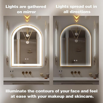 Arched LED Bathroom Mirror, 36"x24" Arch Backlit Vanity Mirror with Lights, Frontlit, Dimmable, 3 Colors, Memory Function, Anti-Fog Smart Mirror, Gold Frame, Shatterproof, UL Listed