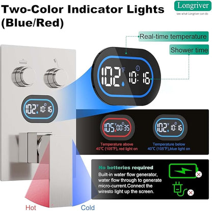 Push Button Diverter Shower Faucet Set Hydro Power Temperature Display, Shower System 12 Inch Shower Head with Handheld Spray, Wall Mounted Shower Fixtures with Valve and Trim Kit, Brushed Nickel