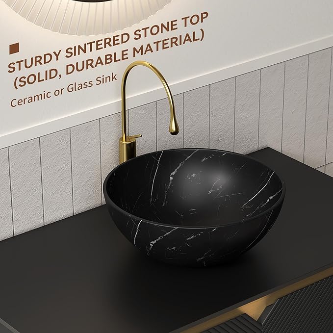 36 Inch Bathroom Vanity with Sink, Floating Fluted Vanity with Vessel Sink, Modern Bathroom Vanity Cabinet with 2 Doors, Bowl Vessel Sink & Sintered Stone Top, Black