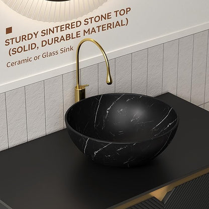 36 Inch Bathroom Vanity with Sink, Floating Fluted Vanity with Vessel Sink, Modern Bathroom Vanity Cabinet with 2 Doors, Bowl Vessel Sink & Sintered Stone Top, Black