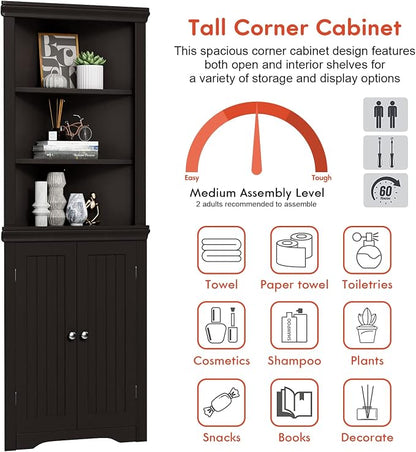 YESHOMY Corner Cabinet, Storage Cupboard with Doors, Brown | Tall Storage Cabinet with Adjustable Shelves, for Living Room, Bathroom, Kitchen