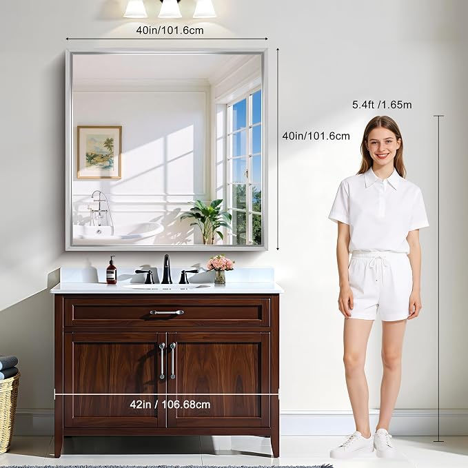 CIRCUMI 40"x40" Brushed Silver Bathroom Mirror, Square Mirror for Vanity | Chunky Box Metal Frame, Shatterproof, Tempered Glass, Bathroom Remodel&New Home,Wall Mirror for Over Sink,Living Room,Hallway