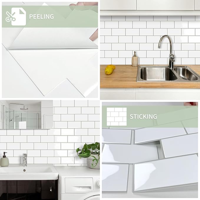 10-Sheet Thick Peel and Stick Kitchen Backsplash Tiles(White,12.6"×10.6") | 3D Subway Waterproof Self-Adhesive Wall Tile Stick on Backsplash for Kitchen and Bathroom