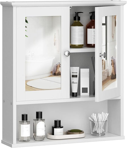 Shintenchi Bathroom Medicine Cabinet with Mirror, Wall Mounted, White | Over The Toilet Cupboard, Adjustable Shelf, Open & Concealed Storage, 2 Magnet Doors, Space-Saving, Easy to Clean