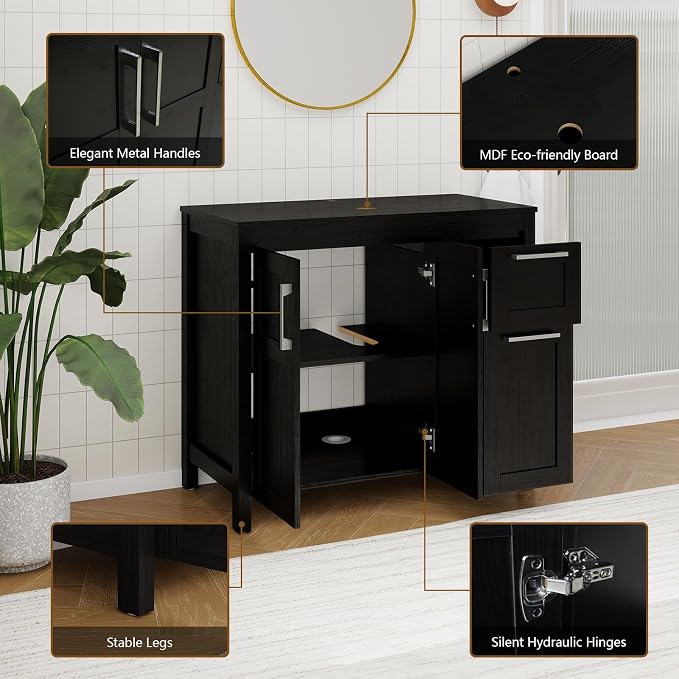 YOURLITE 36" Bathroom Vanity with Sink, Black Bathroom Vanity Cabinet with Faucet & Pop Up Drain Set,Traditional Vanity with Black Glass Bowl Bathroom Sink