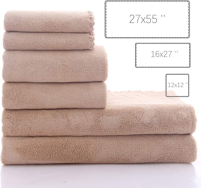 MOONQUEEN Ultra Soft Towel Set - Quick Drying - 2 Bath Towels 2 Hand Towels 2 Washcloths - Microfiber Coral Velvet Highly Absorbent Towel for Bath Fitness, Sports, Yoga, Travel (Brown, 6 Pcs)