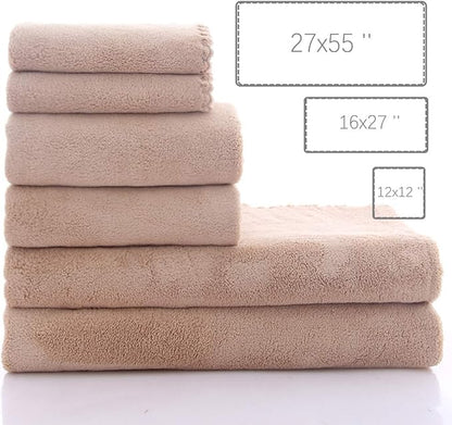 MOONQUEEN Ultra Soft Towel Set - Quick Drying - 2 Bath Towels 2 Hand Towels 2 Washcloths - Microfiber Coral Velvet Highly Absorbent Towel for Bath Fitness, Sports, Yoga, Travel (Brown, 6 Pcs)