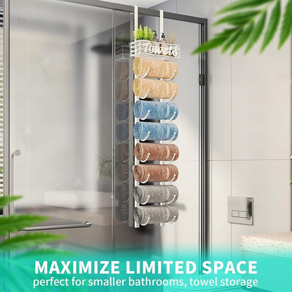 HapiRm Towel Racks for Bathroom Storage - 9 Tier Over The Door & Wall Mount Rolled Towel Storage Organizer Holder with Metal Shelf Basket for Small Bathroom, Camper, Rv - White, Patented