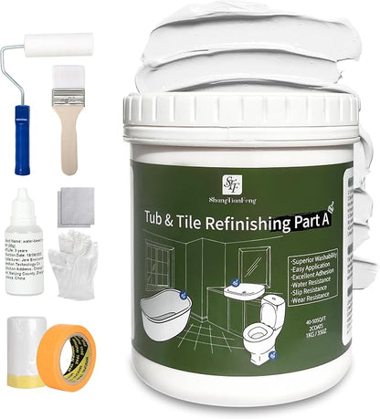 White Ceramic Tub and Tile Refinishing Kit - Bathtub, Bathroom Wall, Countertop, Sink Paint - Easy to Use, Waterproof, Low Odor, No Toxic (（32 FL OZ White 50-60 sq.ft)