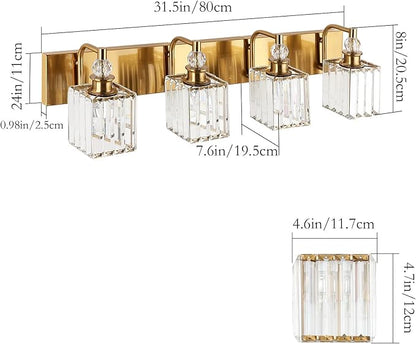 Ralbay Crystal Vanity Lights 4-Lights 31.5''Gold Bathroom Lighting Fixtures Over Mirror Modern Crystal Gold Bathroom Vanity Lights