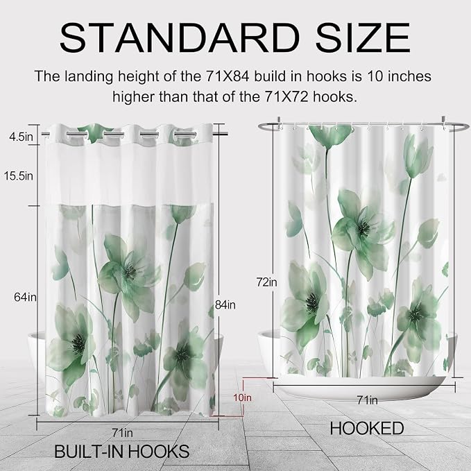 No Hook Shower Curtain and Liner Set, Green Boho Floral 71x84 | Watercolor Boho Flower, with Snap in Liner, Waterproof, Machine Washable, Quick-Drying, for Hotel Bathroom