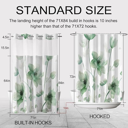 No Hook Shower Curtain and Liner Set, Green Boho Floral 71x84 | Watercolor Boho Flower, with Snap in Liner, Waterproof, Machine Washable, Quick-Drying, for Hotel Bathroom