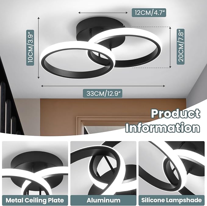 CANEOE Round Modern Led Ceiling Light Fixtures, 6000K Black Hallway Light Fixtures Ceiling, Bathroom Close to Ceiling Lights for Hallway Bedroom Corridor Aisle Ceiling Lamps (Black, 6000K, 1 Pack)