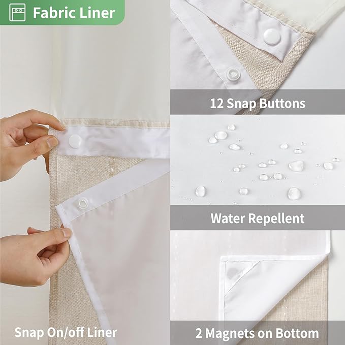 eachope No Hook Extra Long Shower Curtain Set with Snap-in Liner,Linen Textured Thick Striped Fabric with Tassels,Boho Chic Modern Farmhouse Bathroom Curtain,Water-Repellent,Cream/Beige,71x86 | 330GSM Thick Linen Textured Striped Fabric with Tassels,Sn...