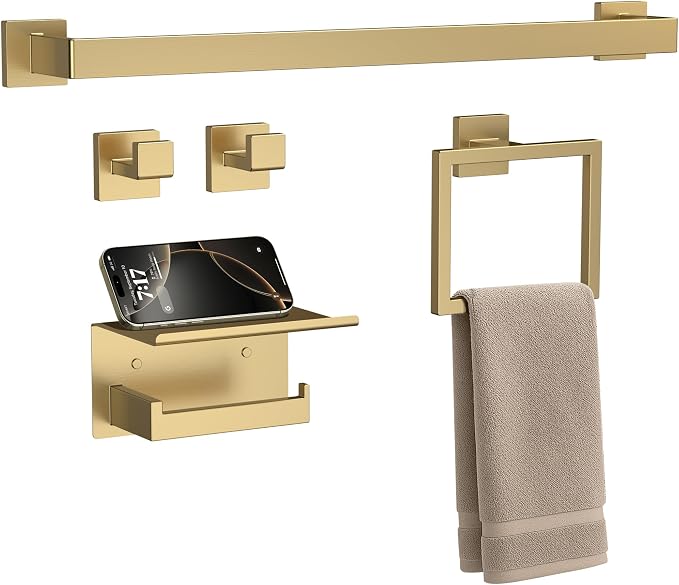 5-Piece 23.6 Inch Brushed Gold Bathroom Hardware Accessories Set | Stainless Steel Bath Extended Towel Bar, Toilet Paper Holder with Shelf, Towel Hooks, Square Towel Ring Wall Mounted