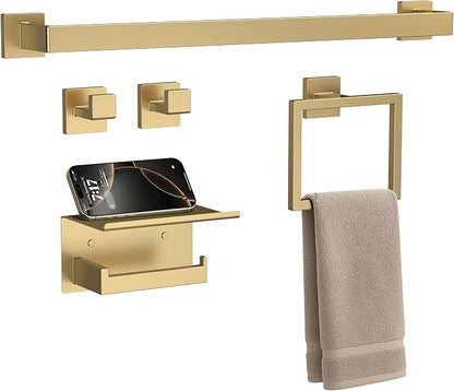 5-Piece 23.6 Inch Brushed Gold Bathroom Hardware Accessories Set | Stainless Steel Bath Extended Towel Bar, Toilet Paper Holder with Shelf, Towel Hooks, Square Towel Ring Wall Mounted